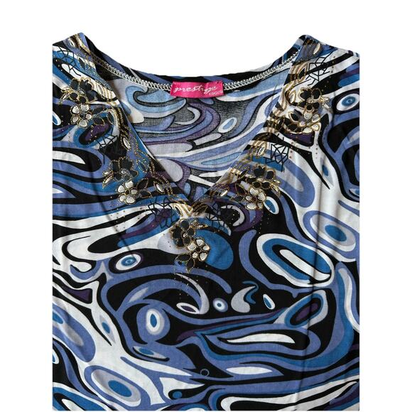 Blue Sleeveless coastal Blouse Shirt Women Plus Size 1X Gold Trim XL - Picture 5 of 6